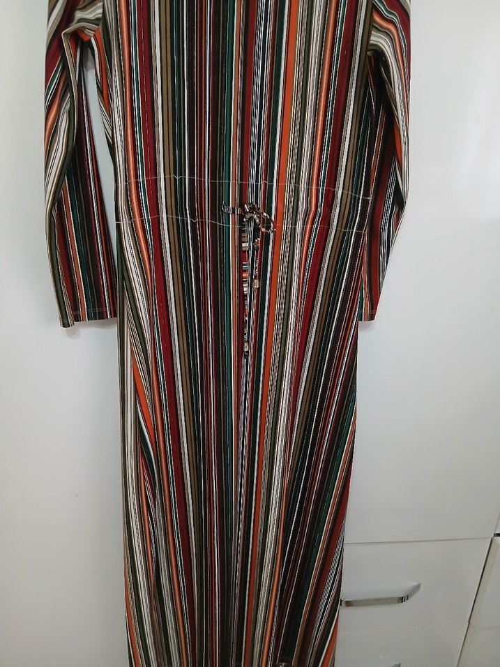 Çizgili Uzun Kollu Pileli Bohem Elbise - Görsel 2