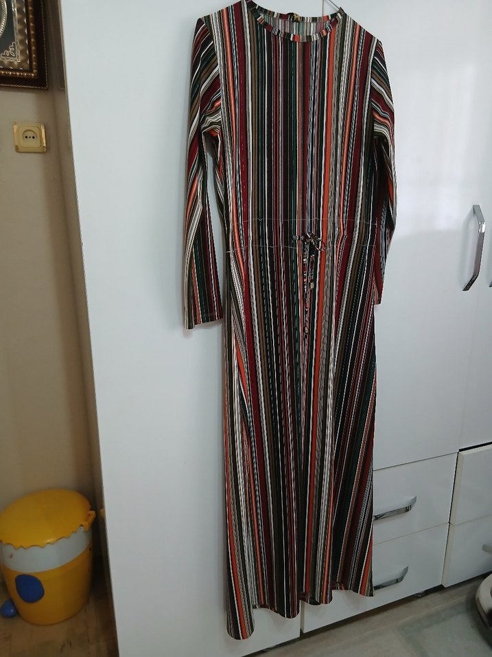 Çizgili Uzun Kollu Pileli Bohem Elbise - Görsel 4