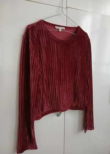 Bordo Pilili Uzun Kollu Bluz - Görsel 5