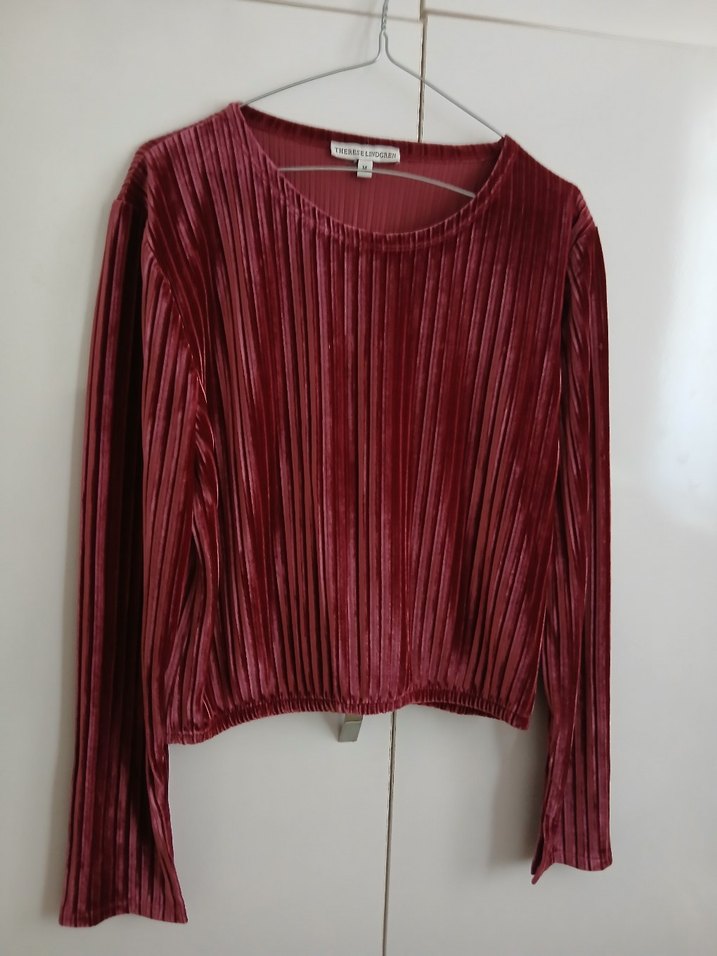 Bordo Pilili Uzun Kollu Bluz - Görsel 4