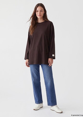 LC Waikiki Koyu Kahverengi Oversize Bisiklet Yaka Tisort