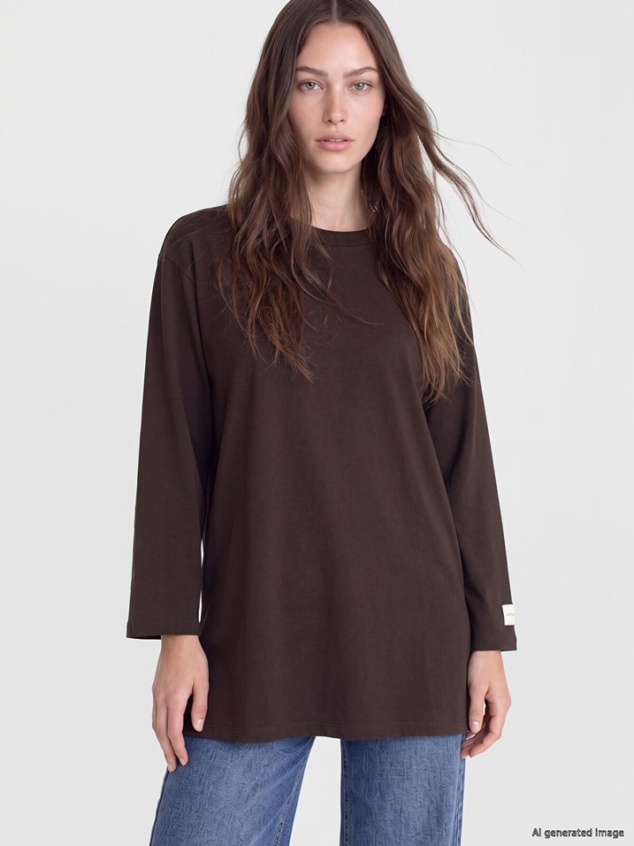 Koyu Kahverengi Oversize Bisiklet Yaka Tişört — görsel 4/6