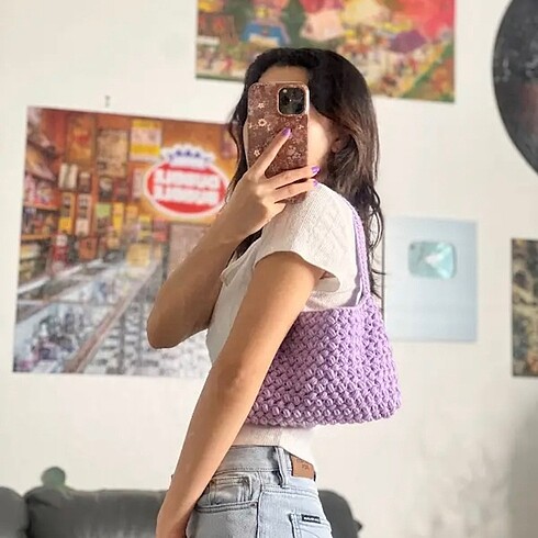 Beden mor Renk Lila Örgü Çanta
