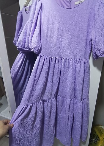 xs Beden mor Renk Uzun Mor Keten Elbise, Fırfırlı, Salaş Kesim