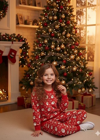 Kız Çocuk Kırmızı Desenli Puff Sweatshirt ve Eşofman - Görsel 3