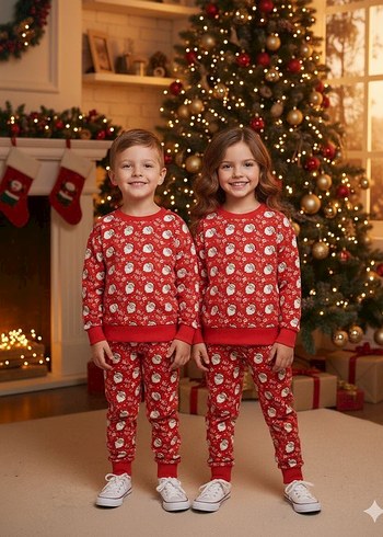 Kız Çocuk Kırmızı Desenli Puff Sweatshirt ve Eşofman - Görsel 4