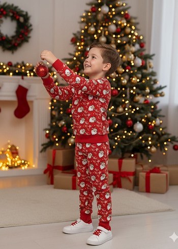 Kız Çocuk Kırmızı Desenli Puff Sweatshirt ve Eşofman - Görsel 2