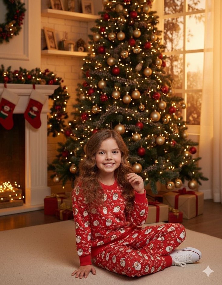 Kız Çocuk Kırmızı Desenli Puff Sweatshirt ve Eşofman - Görsel 3