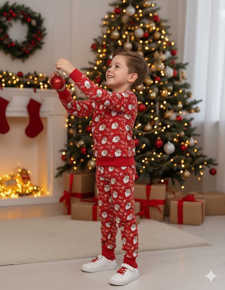 Kız Çocuk Kırmızı Desenli Puff Sweatshirt ve Eşofman - Görsel 2