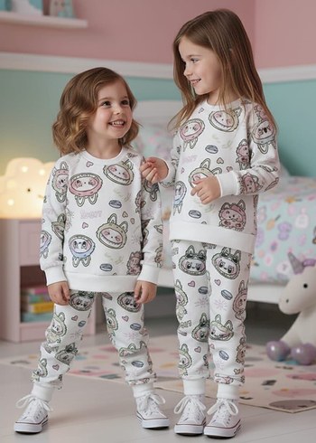 Kız Çocuk Beyaz Desenli Rahat Eşofman Takımı - Görsel 3