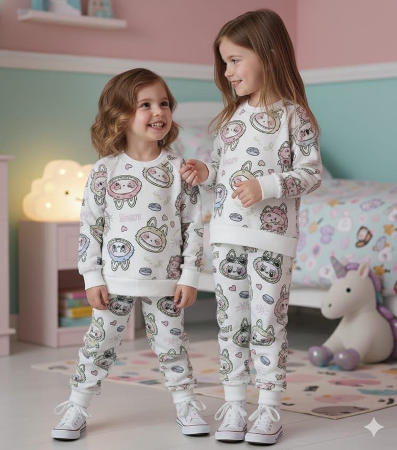 Kız Çocuk Beyaz Desenli Rahat Eşofman Takımı - Görsel 3