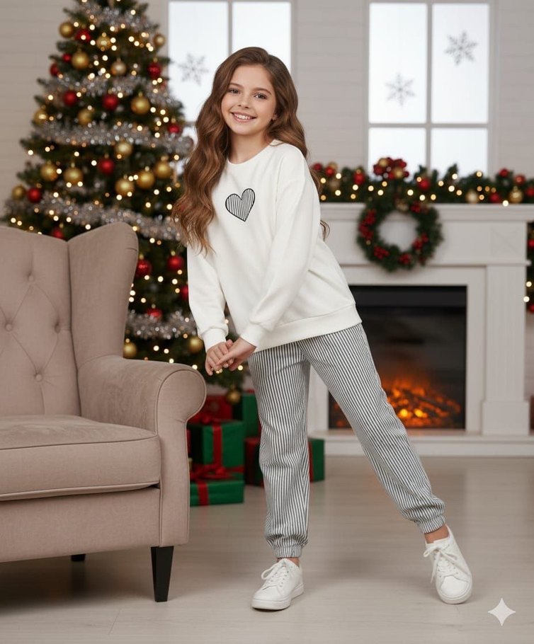 Kız Çocuk Beyaz Kalp Desenli Sweatshirt ve Gri Pantolon - Görsel 4