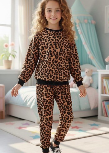 Kahverengi Leopar Desenli Kadife Kız Eşofman Takımı - Görsel 3