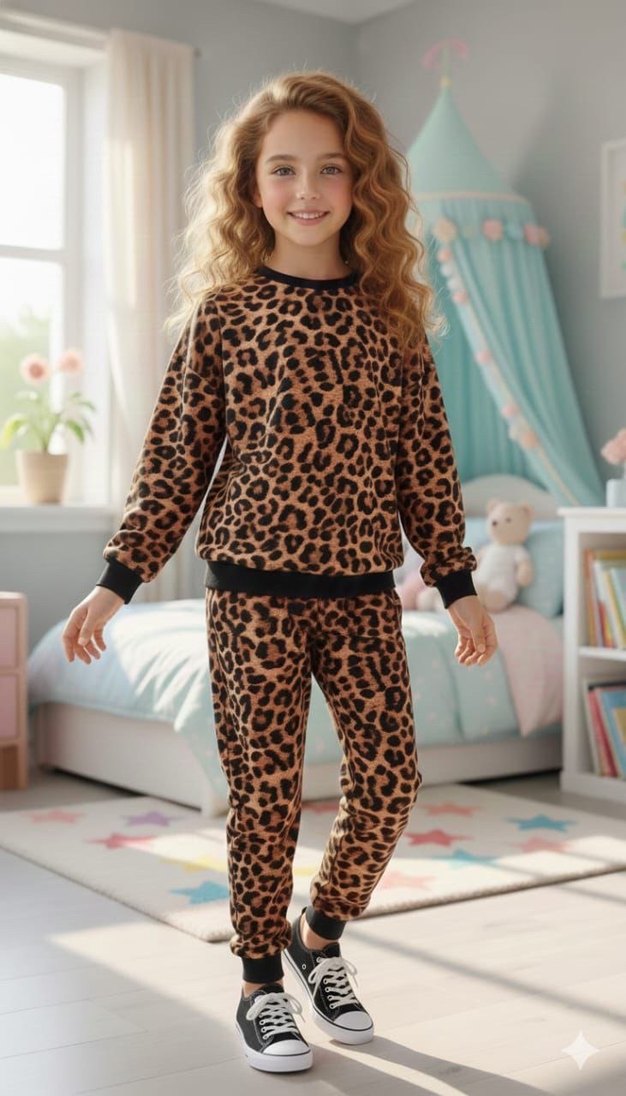 Kahverengi Leopar Desenli Kadife Kız Eşofman Takımı - Görsel 3