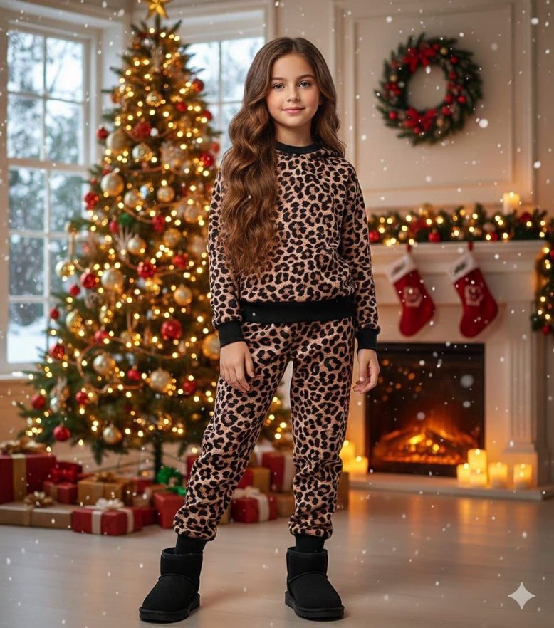 Kahverengi Leopar Desenli Kadife Kız Eşofman Takımı - Görsel 2