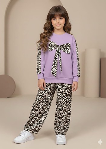 Leopar Desenli Mor Kız Eşofman Takımı - Görsel 2
