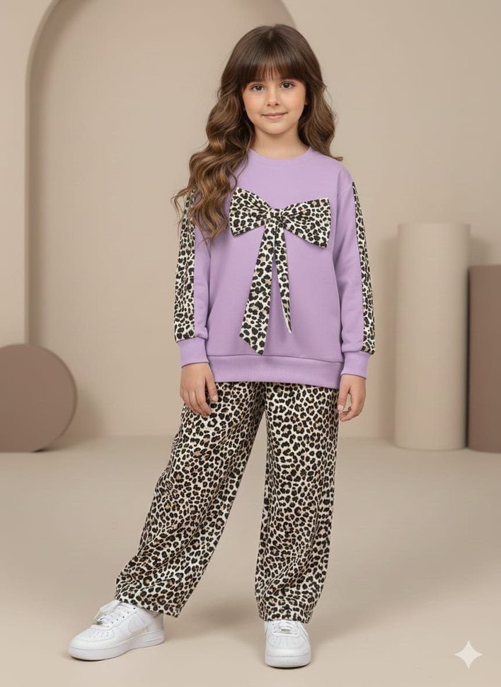 Leopar Desenli Mor Kız Eşofman Takımı - Görsel 2