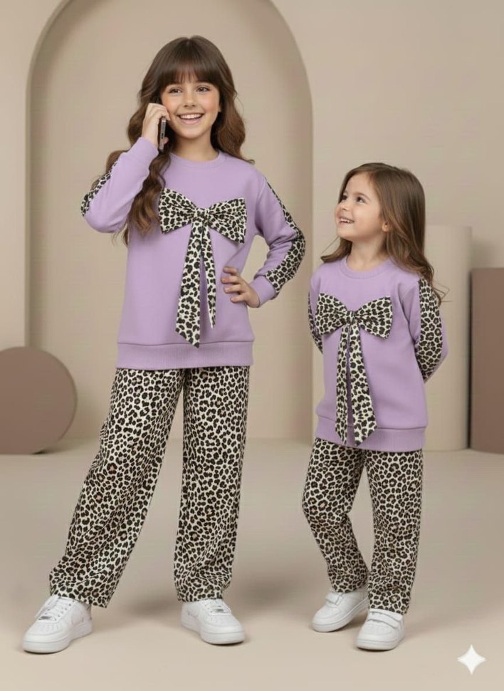 Leopar Desenli Mor Kız Eşofman Takımı - Görsel 3