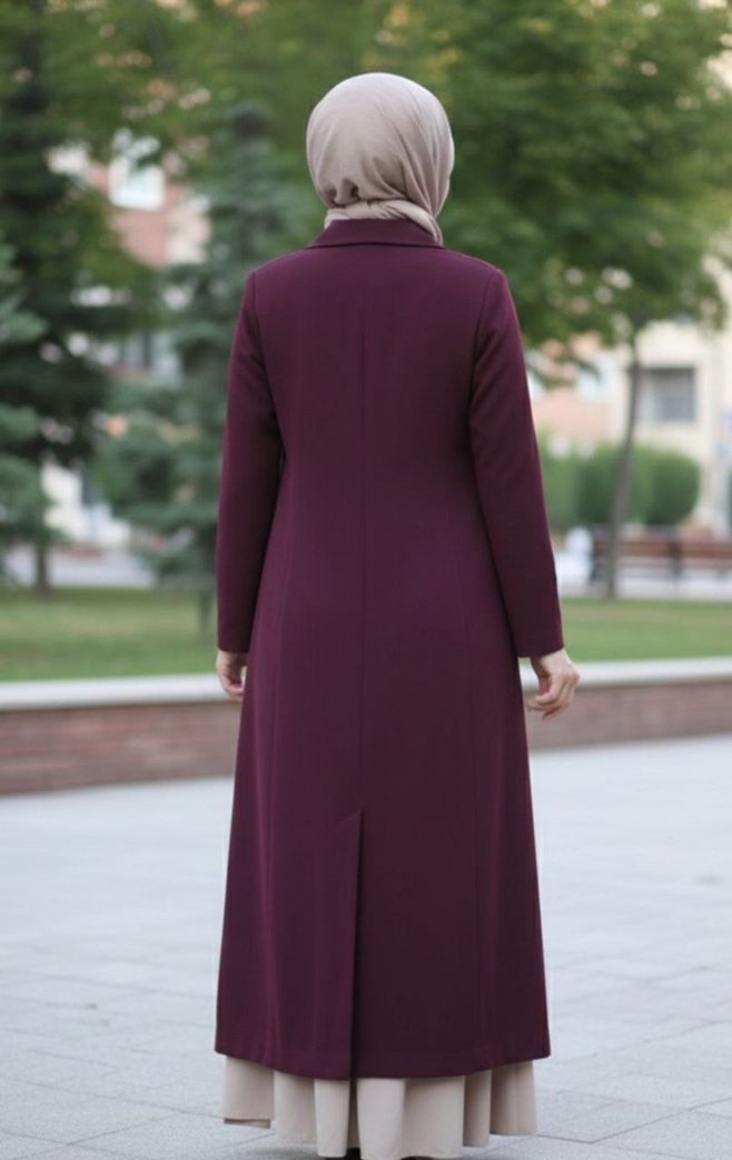 Bordo Düğmeli Kadın Uzun Kaban - Görsel 2