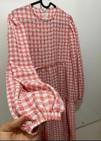 Pembe Kareli Uzun Pamuklu Elbise