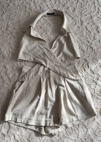 Bej Keten Kısa Tulum V Yakalı - Görsel 2