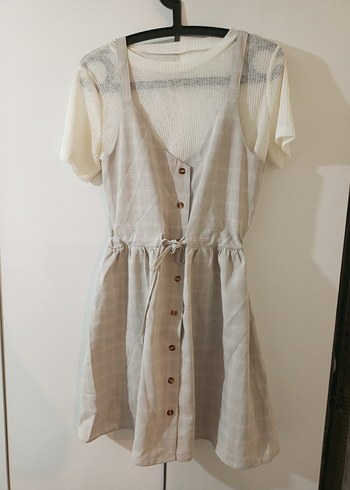 Accessory Collective Bej Keten Midi Düğmeli Elbise