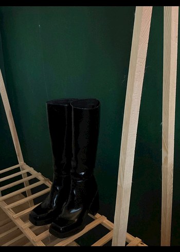 Kadın Siyah Deri Dizüstü Platform Topuklu Bot - Görsel 3