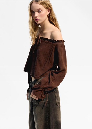 Bershka Bershka bluz dantel Detaylı Kahverengi Uzun Kollu Bluz