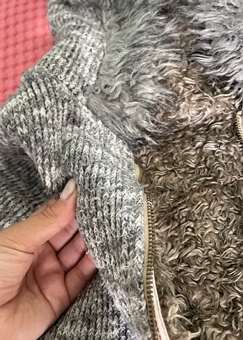 Gri Kapüşonlu Kürklü Örgü Kadın Ceket - Görsel 6