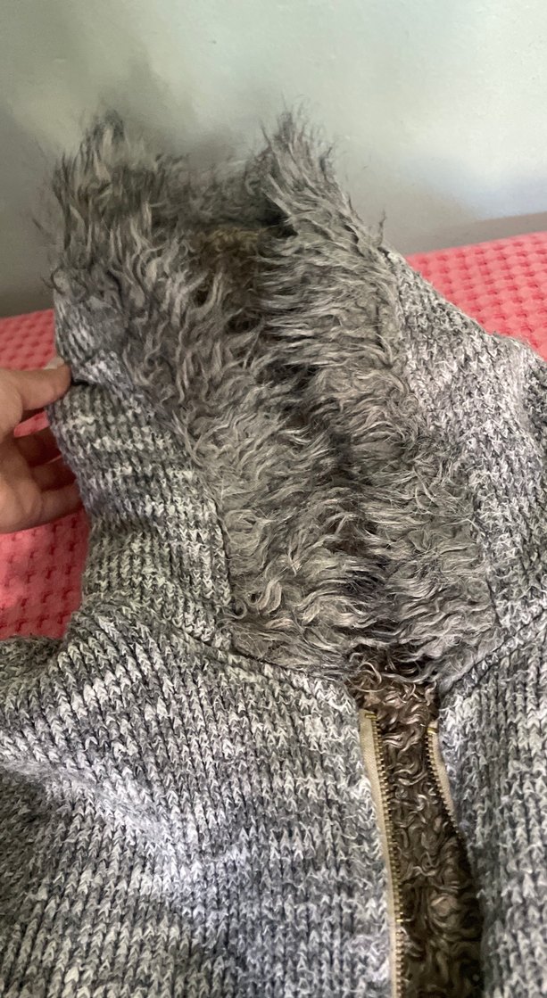 Gri Kapüşonlu Kürklü Örgü Kadın Ceket - Görsel 5