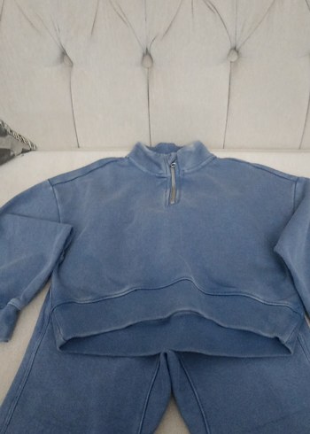 Kızlar için Gri Mavi Fermuarlı Sweatshirt ve Eşofman