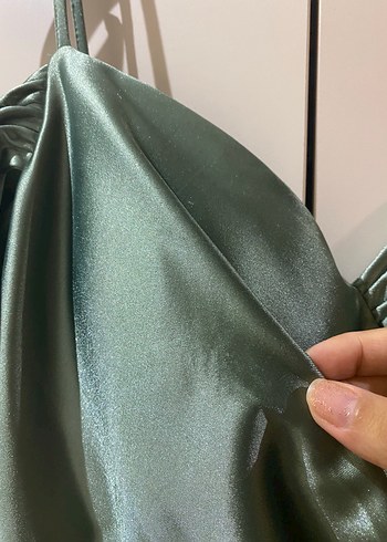 Şık Drapeli Uzun Askılı Haki Abiye Elbise - Görsel 7