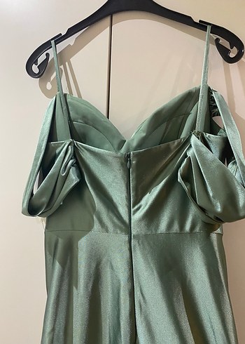 Şık Drapeli Uzun Askılı Haki Abiye Elbise - Görsel 6