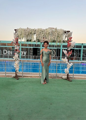 Şık Drapeli Uzun Askılı Haki Abiye Elbise - Görsel 2