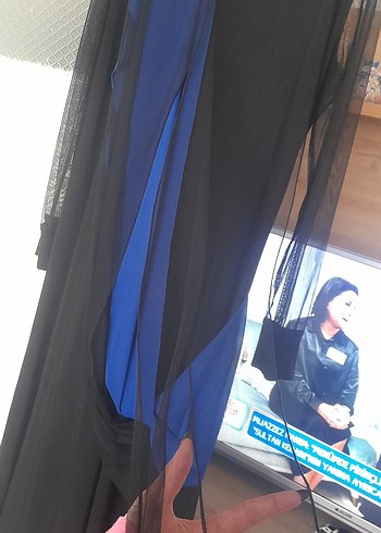 Uzun Kollu, Drapeli Lacivert Siyah Elbise - Görsel 4