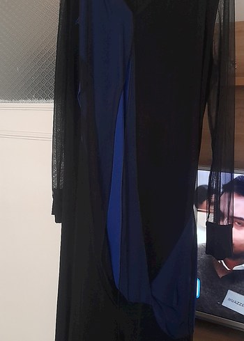 Uzun Kollu, Drapeli Lacivert Siyah Elbise - Görsel 6