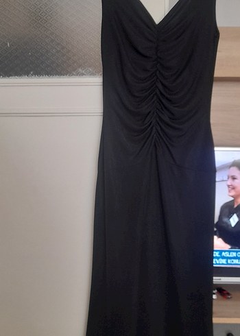 Siyah Drapeli Uzun V Yaka Abiye Elbise - Görsel 6