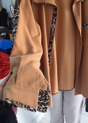 Bej Leopar Detaylı Uzun gomlek Ceket - Görsel 2