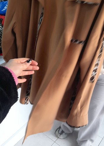 Bej Leopar Detaylı Uzun gomlek Ceket - Görsel 5