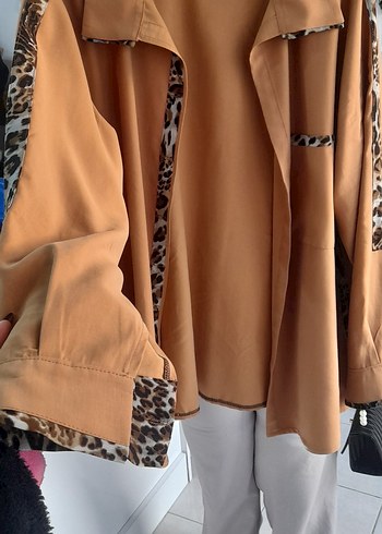 Bej Leopar Detaylı Uzun gomlek Ceket - Görsel 4