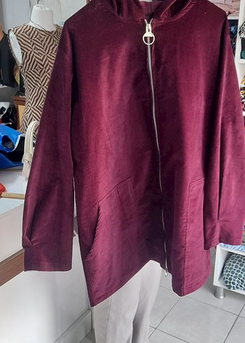 Bordo Yumuşak fitilli kadife Kumaşlı Fermuarlı Kadın Ceket - Görsel 5