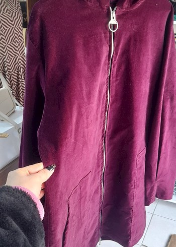 Bordo Yumuşak fitilli kadife Kumaşlı Fermuarlı Kadın Ceket - Görsel 6