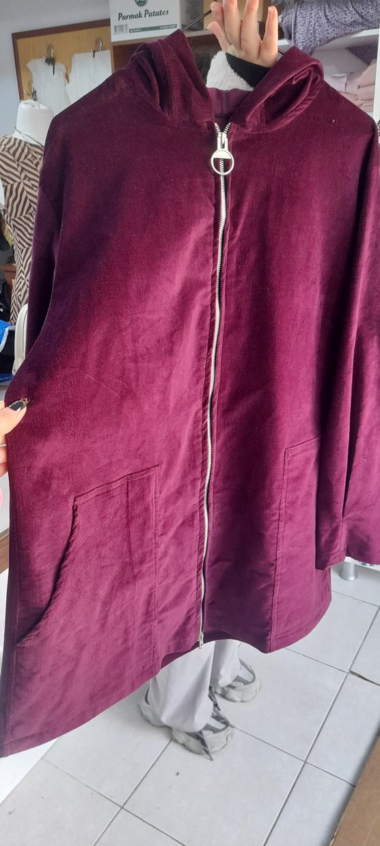 Bordo Yumuşak fitilli kadife Kumaşlı Fermuarlı Kadın Ceket - Görsel 3