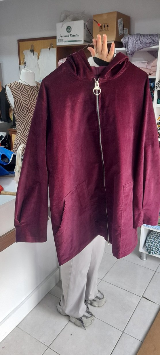 Bordo Yumuşak fitilli kadife Kumaşlı Fermuarlı Kadın Ceket - Görsel 5