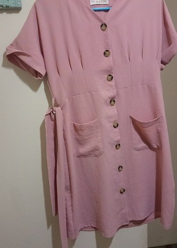 Düğmeli Pembe Midi Keten Elbise