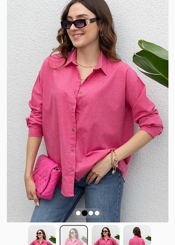 V Yaka Düğmeli Pembe Pamuklu Gömlek