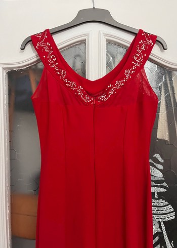 Kırmızı Drapeli V Yaka Uzun Abiye Elbise - Görsel 4