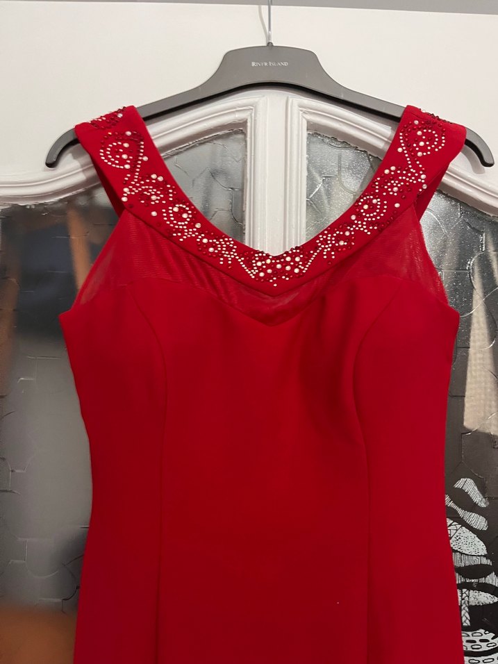 Kırmızı Drapeli V Yaka Uzun Abiye Elbise - Görsel 2