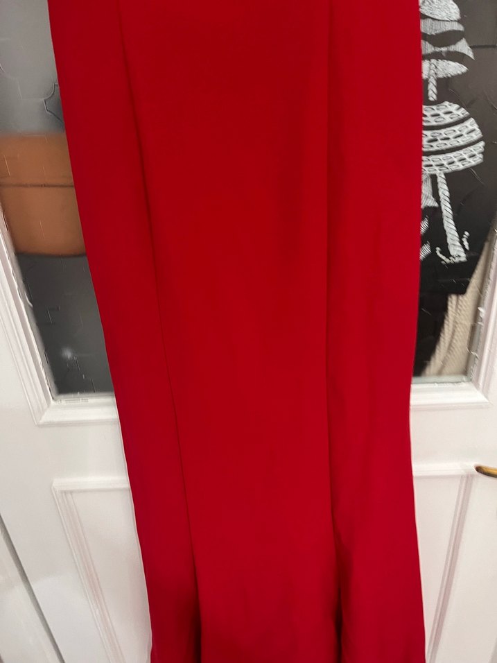 Kırmızı Drapeli V Yaka Uzun Abiye Elbise - Görsel 3