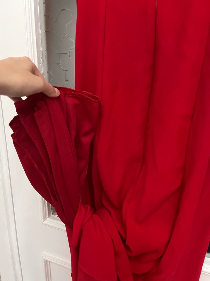 Kırmızı Drapeli V Yaka Uzun Abiye Elbise - Görsel 5